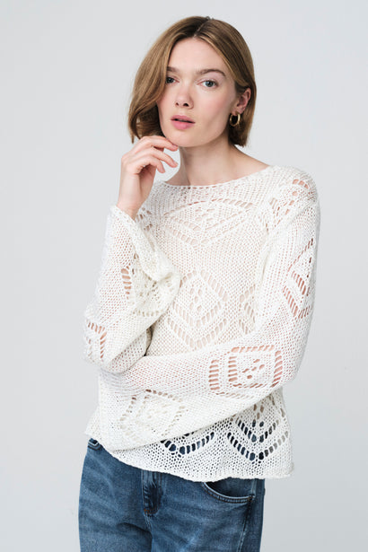 Pull ajouré à sequins E25053 | Écru