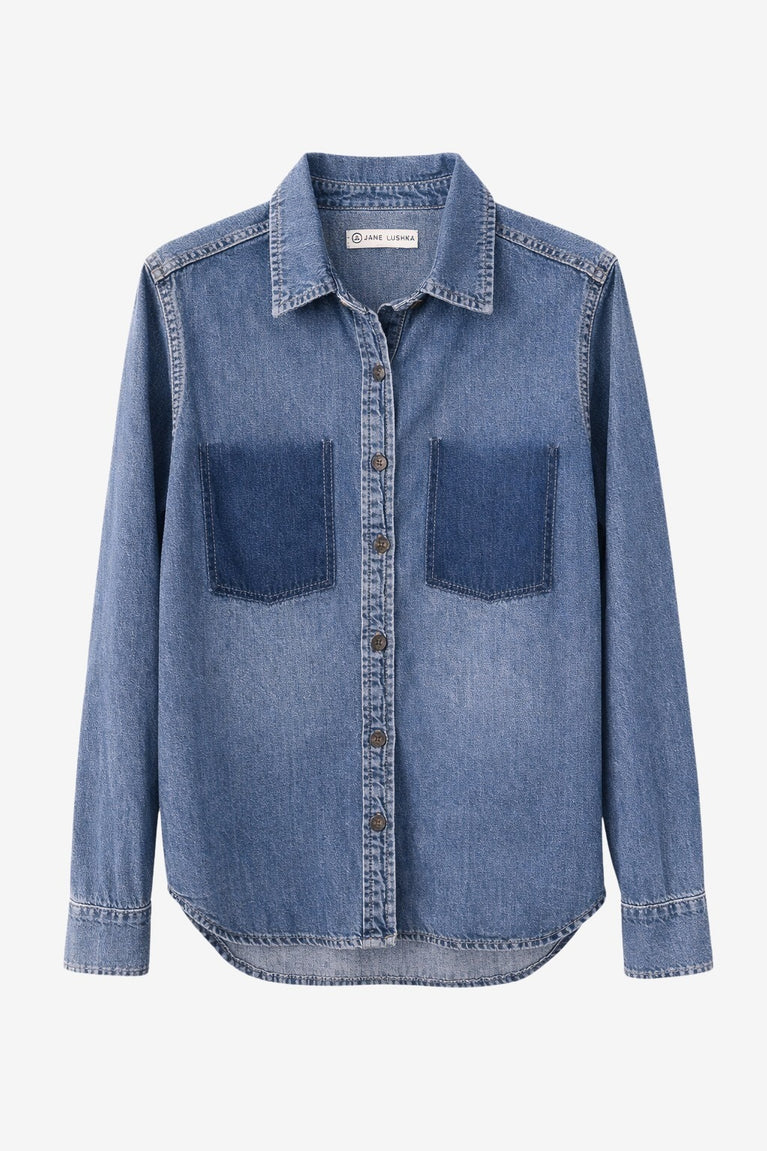 Western repair denim shirt | Flu Blue