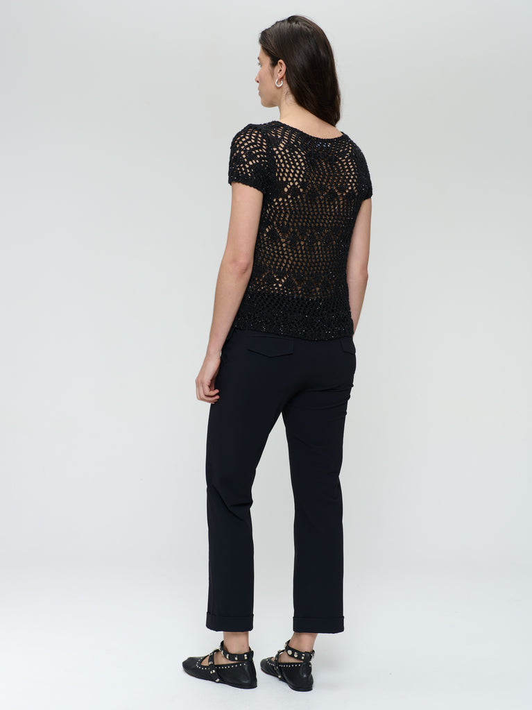 Openwork knit top with sequins 9041 | Black