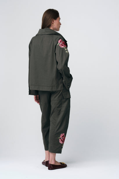 Veste utilitaire brodée en twill | Kaki
