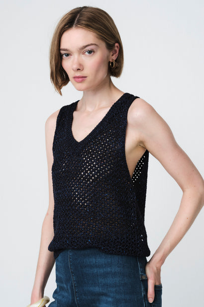 Top en maille ajourée à sequins 90841 | Bleu chiné