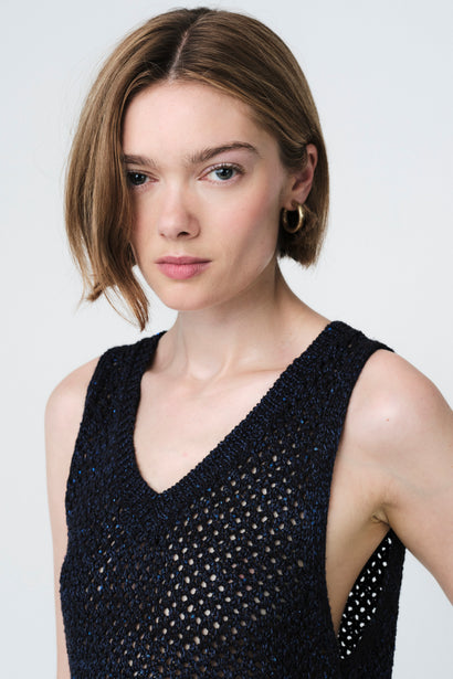 Top en maille ajourée à sequins 90841 | Bleu chiné