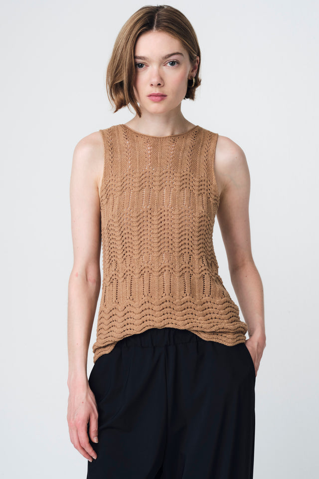 Openwork knit Vest E24082 | Camel