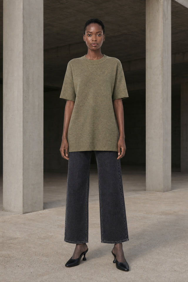 Rora Uni Strick Lang Top | Green Melange