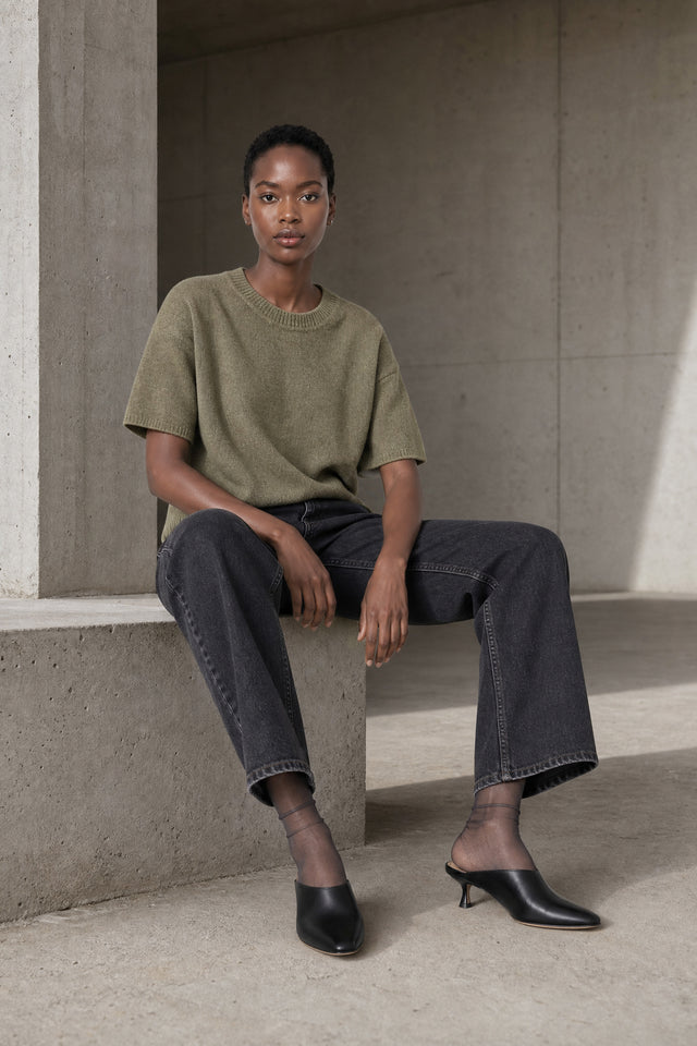 Rora Uni Strick Lang Top | Green Melange