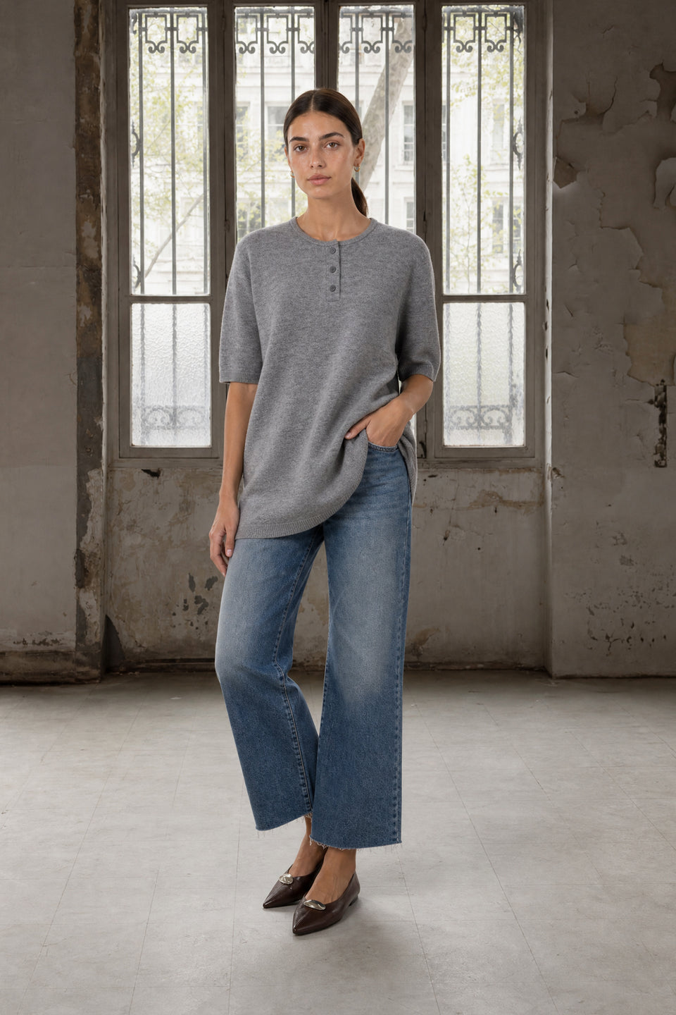 Rora plain knit long top | Grey Melange