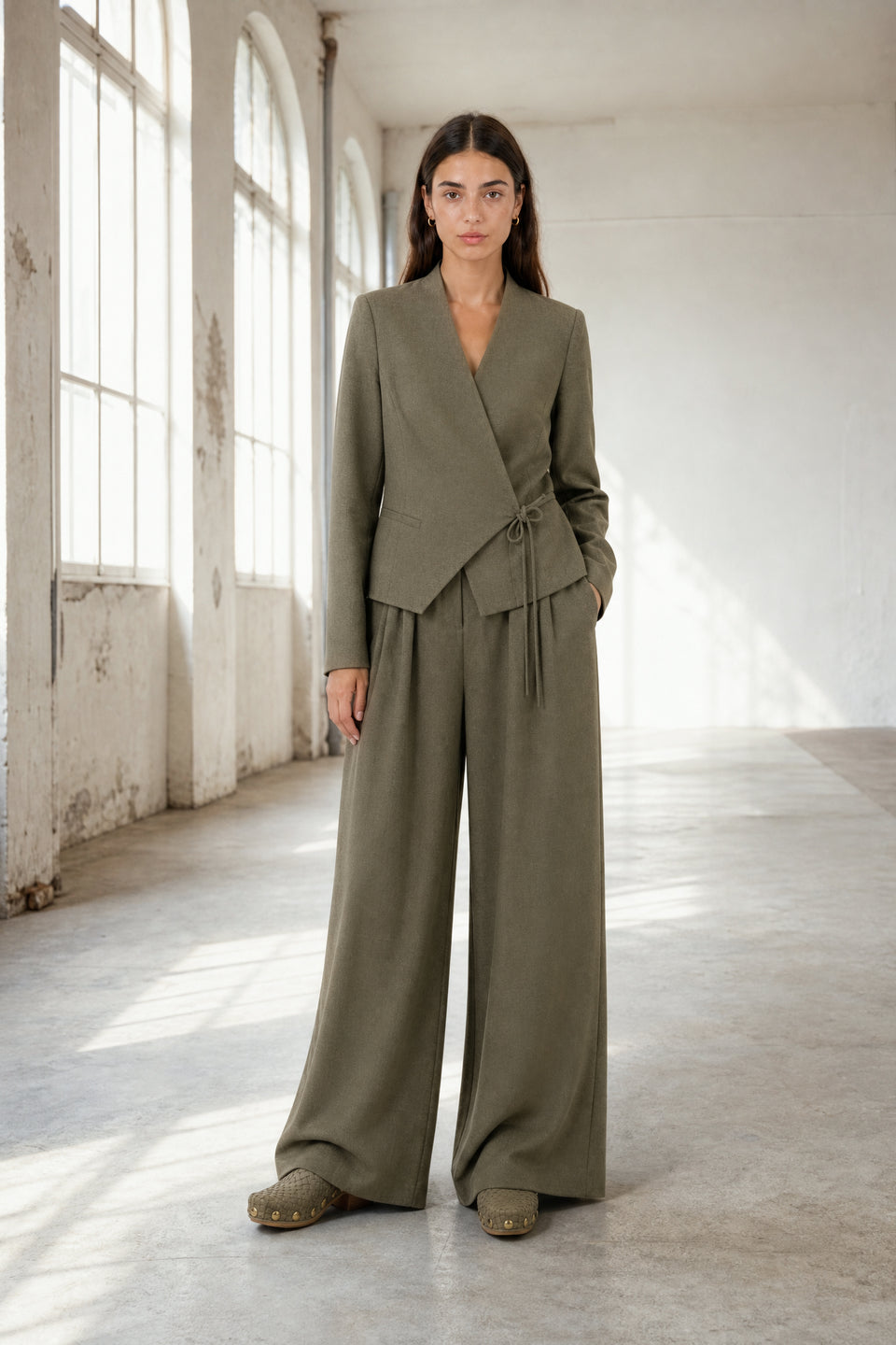 Lean wide-leg broek | Green Melange