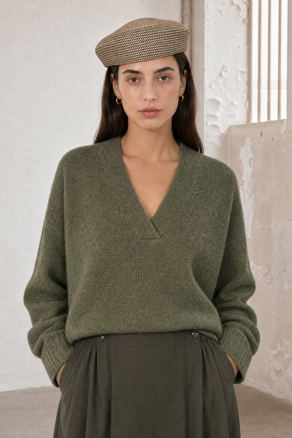 V-Ausschnitt melange pullover 26553 | Green