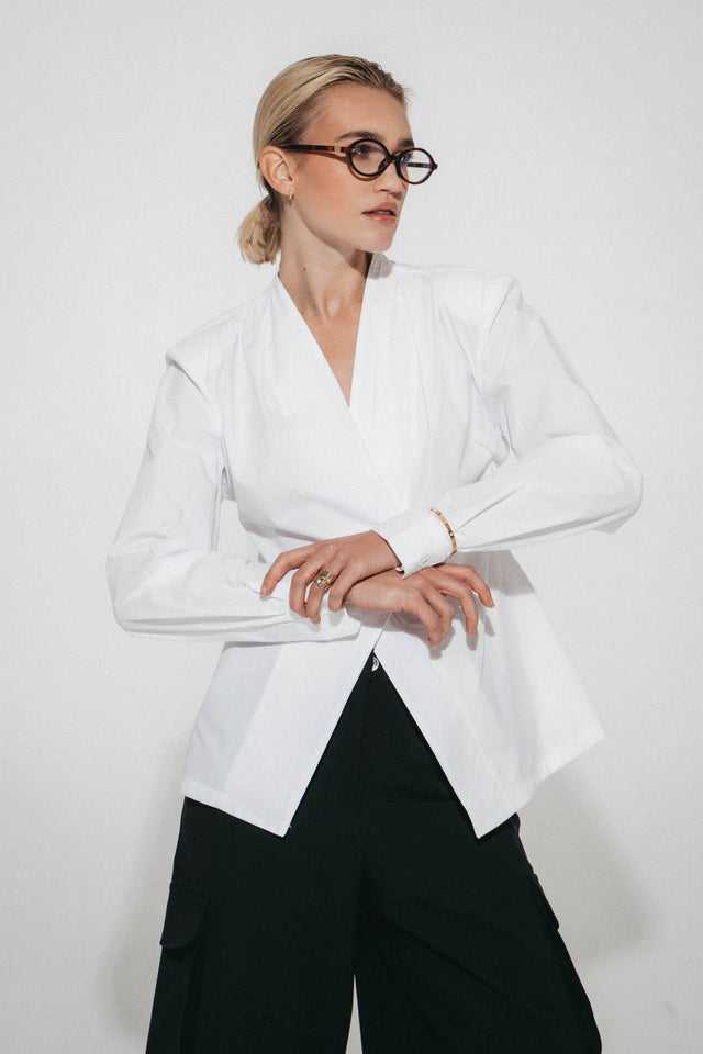 Asymmetric wrap Popeline Bluse | White