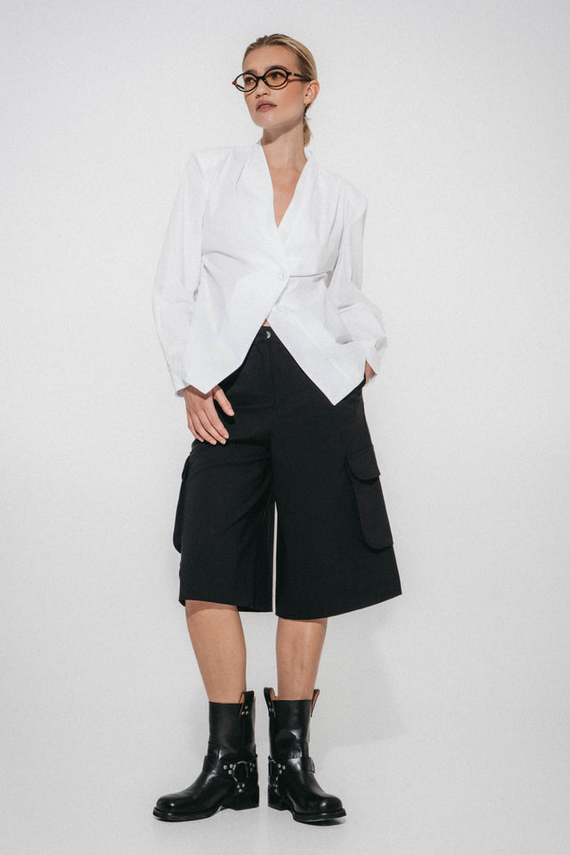 Asymmetric wrap Popeline Bluse | White