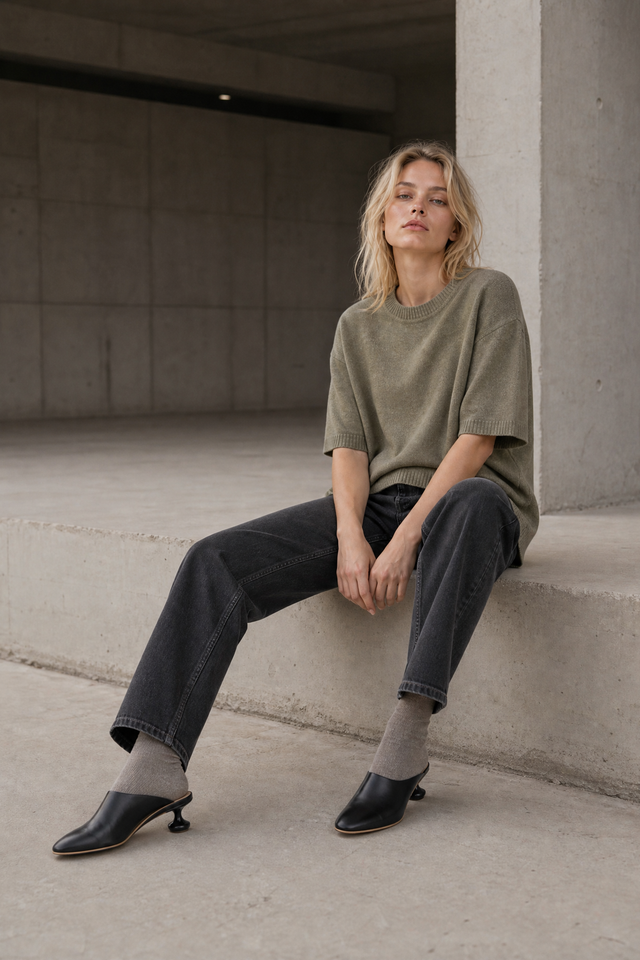 Rora plain knit long top | Green Melange