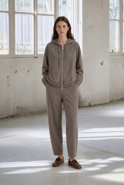 Bomber con cappuccio Golia in denim | Tortora