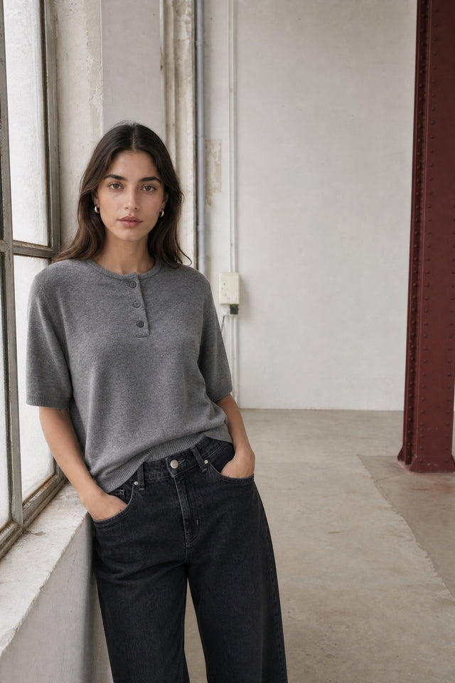 Moon plain knit top | Grey Melange