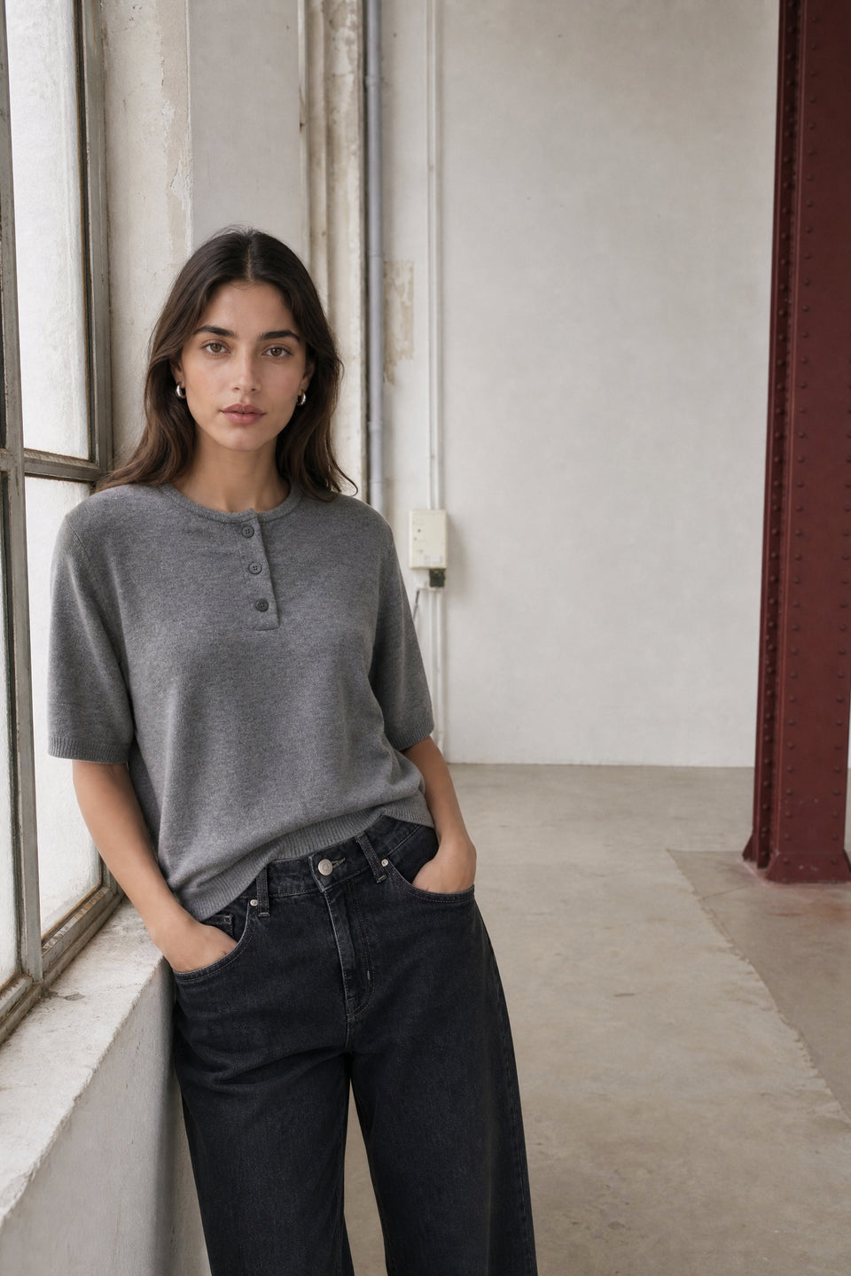 Moon plain knit top | Grey Melange